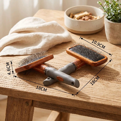 Brosse pour chat à manche foncé posée sur une table en bois