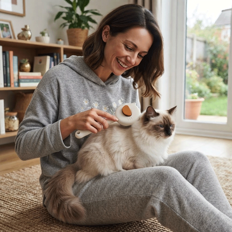 Femme brossant le dos d’un chat à poil long avec la brosse blanche
