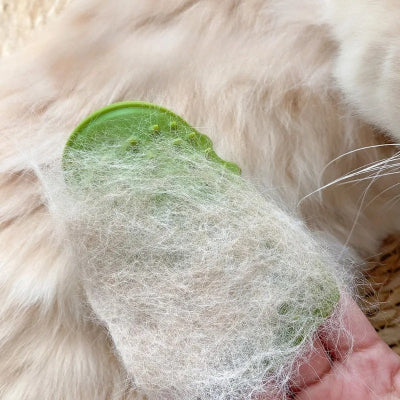 Brosse à chat verte remplie de poils blancs après le brossage d'un chat à poils longs