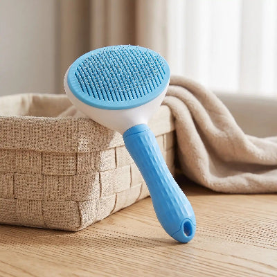 Brosse bleue pour chat posée contre un canapé.