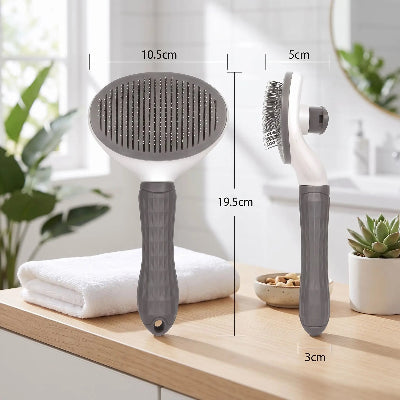  Infographie présentant les dimensions de la brosse de massage pour chat sous plusieurs angles