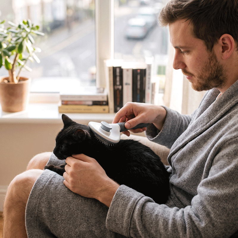 Un homme assis près d’une fenêtre brosse un chat gris foncé installé sur ses genoux