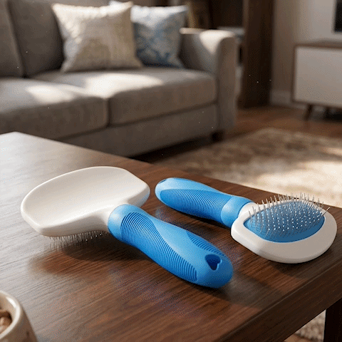 Brosse pour chat à manche bleu et tête blanche posée sur une table basse en bois devant un canapé