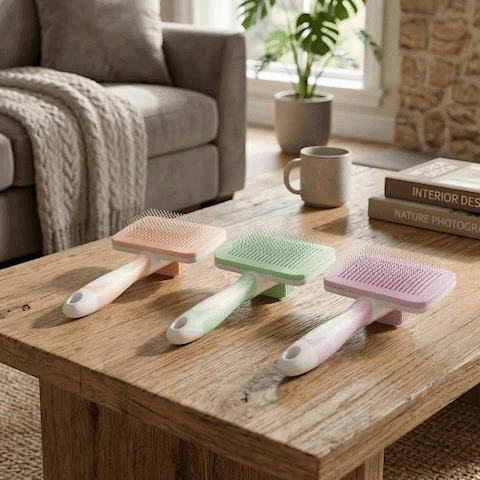 Animation montrant les brosses démêlantes pour chat poil long rose, verte et orange sur une table basse en bois