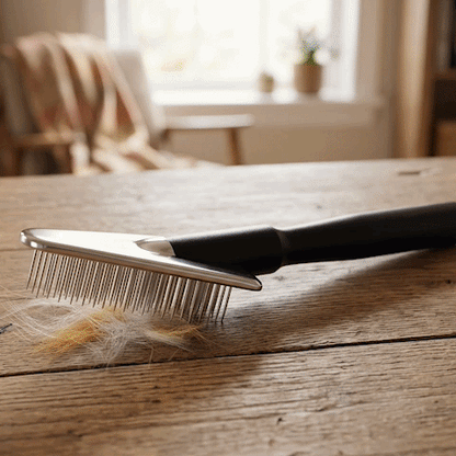 Brosse à dents métalliques posée sur une table en bois, puis une femme brossant un chat noir et un homme brossant un chat beige