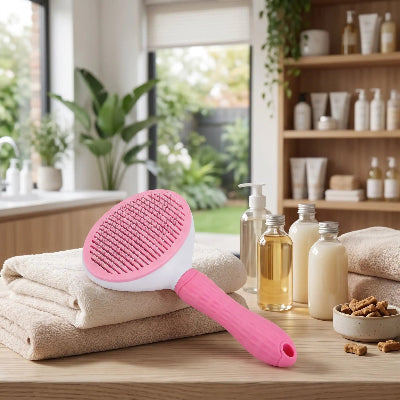 Brosse rose pour chat posée sur un coussin dans un salon lumineux