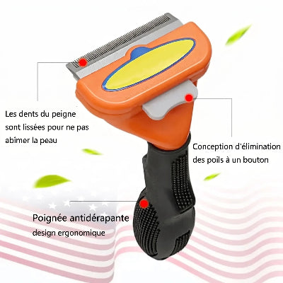 Brosse pour chat SoyeuxPro orange avec dents métalliques, bouton de retrait des poils et poignée noire antidérapante, accompagnée de légendes explicatives