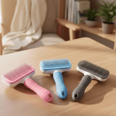 Démonstration de la brosse autonettoyante sur le pelage d’un chat
