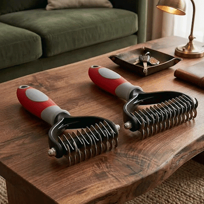 Deux brosses démêlantes pour chat à dents métalliques et manches rouges et gris, présentées sur une table en bois