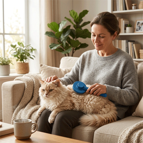 Femme brossant un chat crème à poils longs avec une brosse bleue à tête ronde, installé sur ses genoux dans un fauteuil