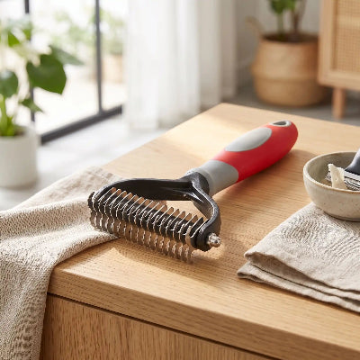 Brosse démêlante large pour chat à dents métalliques et manche rouge et gris, posée sur une table en bois près d’une serviette beige