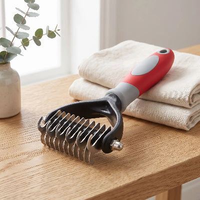 Brosse démêlante moyenne pour chat à dents métalliques et manche rouge et gris, posée sur une table en bois devant des serviettes beiges pliées