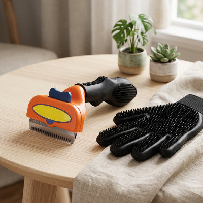Brosse orange pour chat à poil court, avec manche noir et dents métalliques, posée sur une table en bois à côté d’un gant de toilettage noir