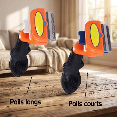 Deux brosses SoyeuxPro orange à manche noir, présentées côte à côte pour les poils longs et les poils courts