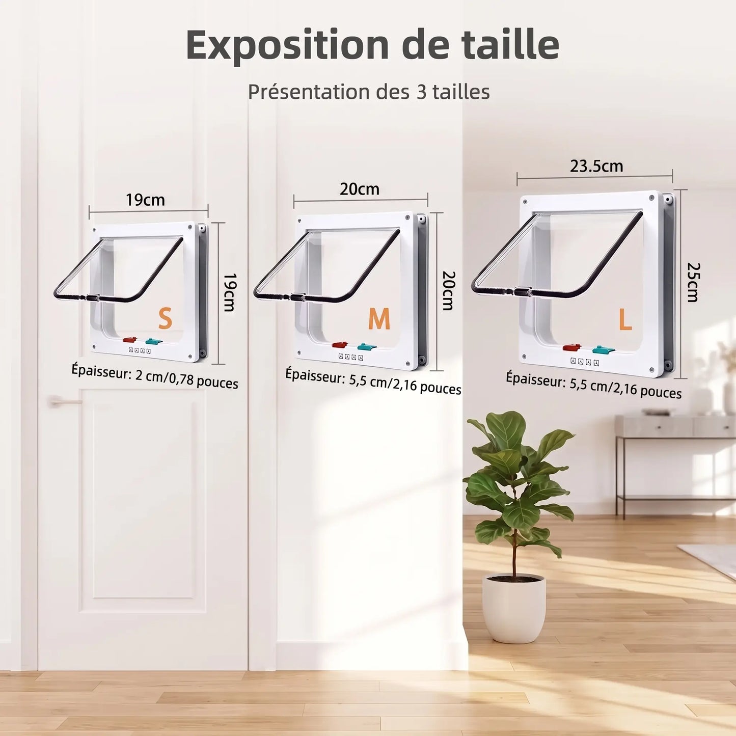 Comparaison des 3 tailles de chatière (S, M, L) avec dimensions en cm installées sur porte blanche