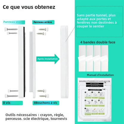 Contenu de la boîte chatière : panneaux, vis, bandes double face et manuel d'installation