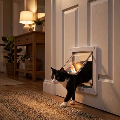 Chat noir et blanc franchissant une chatière à battant souple dans un couloir lumineux et chaleureux