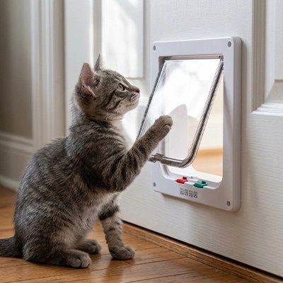 Chaton gris tigré touchant le battant transparent d'une chatière blanche installée sur une porte intérieure