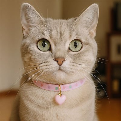 Chat tabby gris portant collier chat réfléchissant pastel motifs cœurs pendentif cœur
