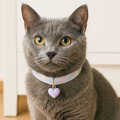 Chat gris foncé avec collier chat pastel réfléchissant pendentif cœur mauve boucle sécurité