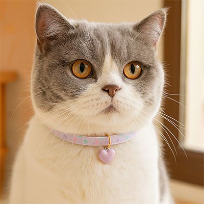 Chat british shorthair portant collier réfléchissant pastel rose avec pendentif cœur