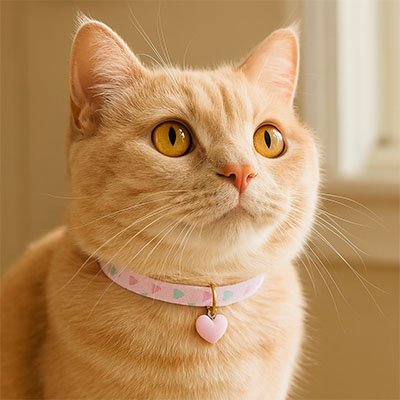 Chat crème beige portant collier chat rose pastel réfléchissant pendentif cœur
