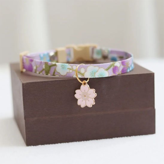 Collier pour chat mauve fleuri sur boîte cadeau – coloris zen et doux
