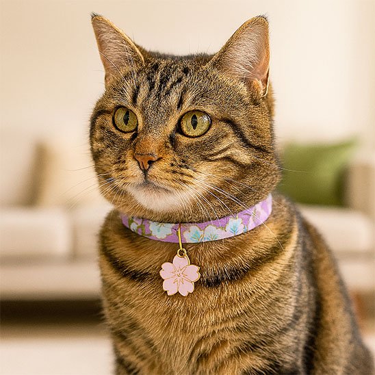 Chat tigré portant un collier japonisant mauve – élégance naturelle
