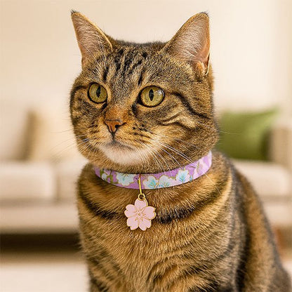Chat tigré portant un collier japonisant mauve – élégance naturelle
