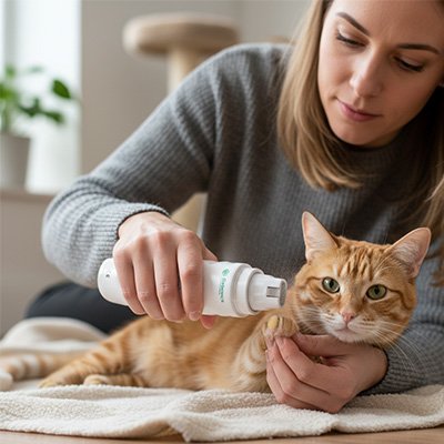Femme maintenant un chat roux allongé sur une serviette claire et approchant un appareil de toilettage blanc du côté de son cou