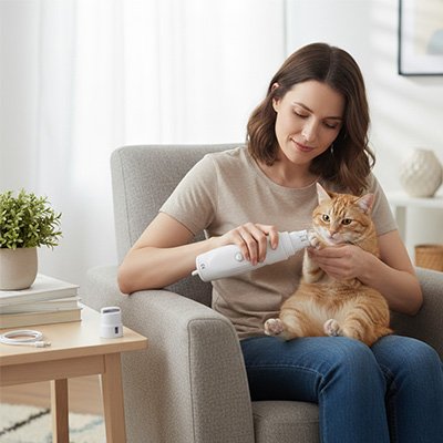 Femme assise dans un fauteuil avec un chat roux sur ses genoux, tenant un appareil de toilettage blanc près de la joue du chat