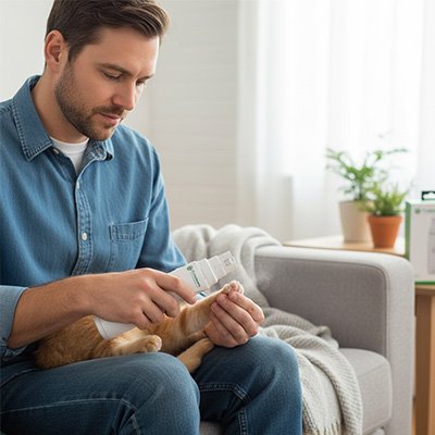 Homme assis sur un canapé, tenant la patte d’un chat roux sur ses genoux et approchant un appareil de toilettage blanc de ses griffes