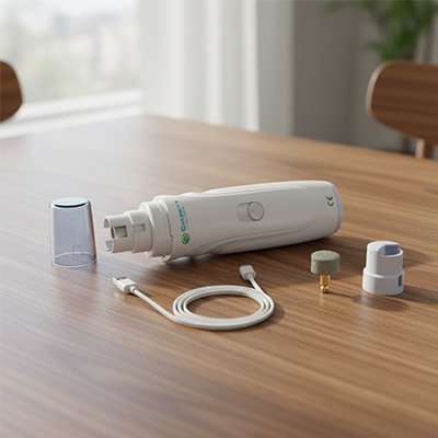 Appareil de toilettage blanc posé sur une table en bois avec son capuchon transparent, un câble USB et deux embouts interchangeables