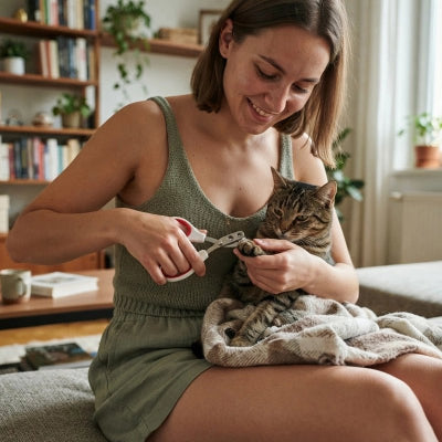Femme utilisant un coupe-griffes blanc à poignées rouges sur la patte d’un chat tigré installé sur une couverture sur ses genoux