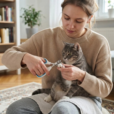 Femme utilisant un coupe-griffes blanc à poignées turquoise sur la patte d’un chat gris tigré assis sur ses genoux