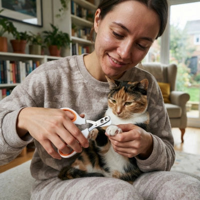 Femme utilisant un coupe-griffes blanc à poignées orange sur la patte d’un chat tigré et blanc assis sur ses genoux