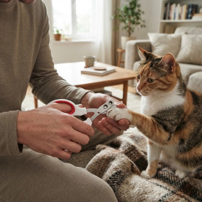 Personne tenant la patte avant d’un chat tricolore et utilisant un coupe-griffes blanc à poignées rouges sur une couverture
