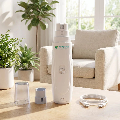 Lime électrique blanche pour griffes de chat présentée debout sur une table en bois, avec son capuchon transparent, son manchon de protection et son câble USB