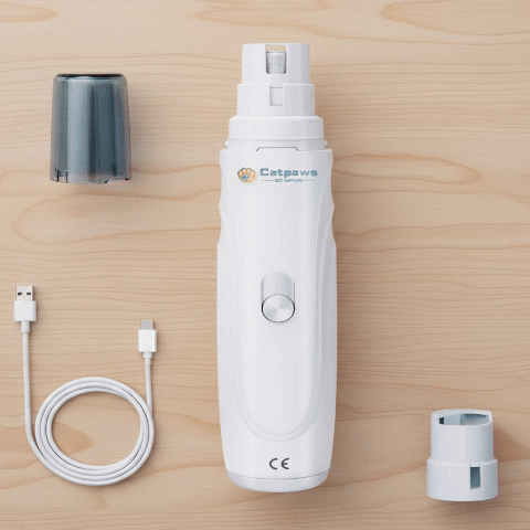 Lime électrique blanche pour griffes de chat vue de dessus sur une surface en bois, avec son capuchon gris, son manchon de protection et son câble USB