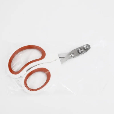 Coupe-griffes pour chat SoftClip blanc à poignées orange et lame métallique, présenté sur fond blanc