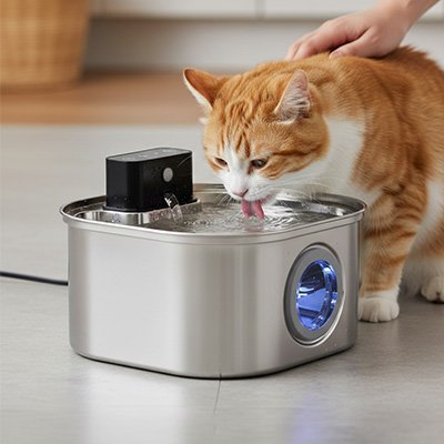 Chat roux et blanc buvant dans une fontaine à eau en inox avec fenêtre de niveau éclairée en bleu
