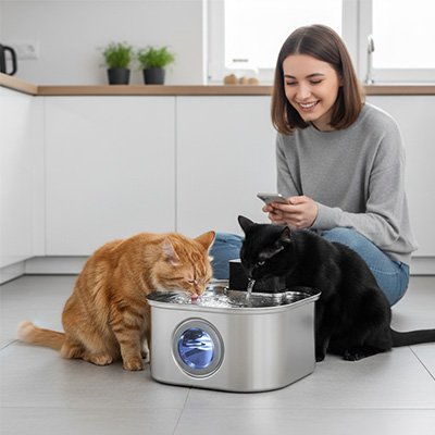 Chat roux et chat noir réunis autour d’une fontaine à eau en inox, avec une femme assise derrière eux dans une cuisine