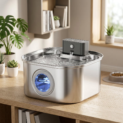 Fontaine à eau pour chat en inox avec fenêtre ronde éclairée en bleu et eau en circulation, posée sur une table en bois