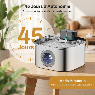 Fontaine à eau pour chat en inox, avec indications de 45 jours d’autonomie et d’un mode minuterie activant le flux toutes les 15 minutes