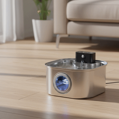 Fontaine à eau pour chat en inox avec jet d’eau et fenêtre de niveau bleue, posée sur un parquet ensoleillé