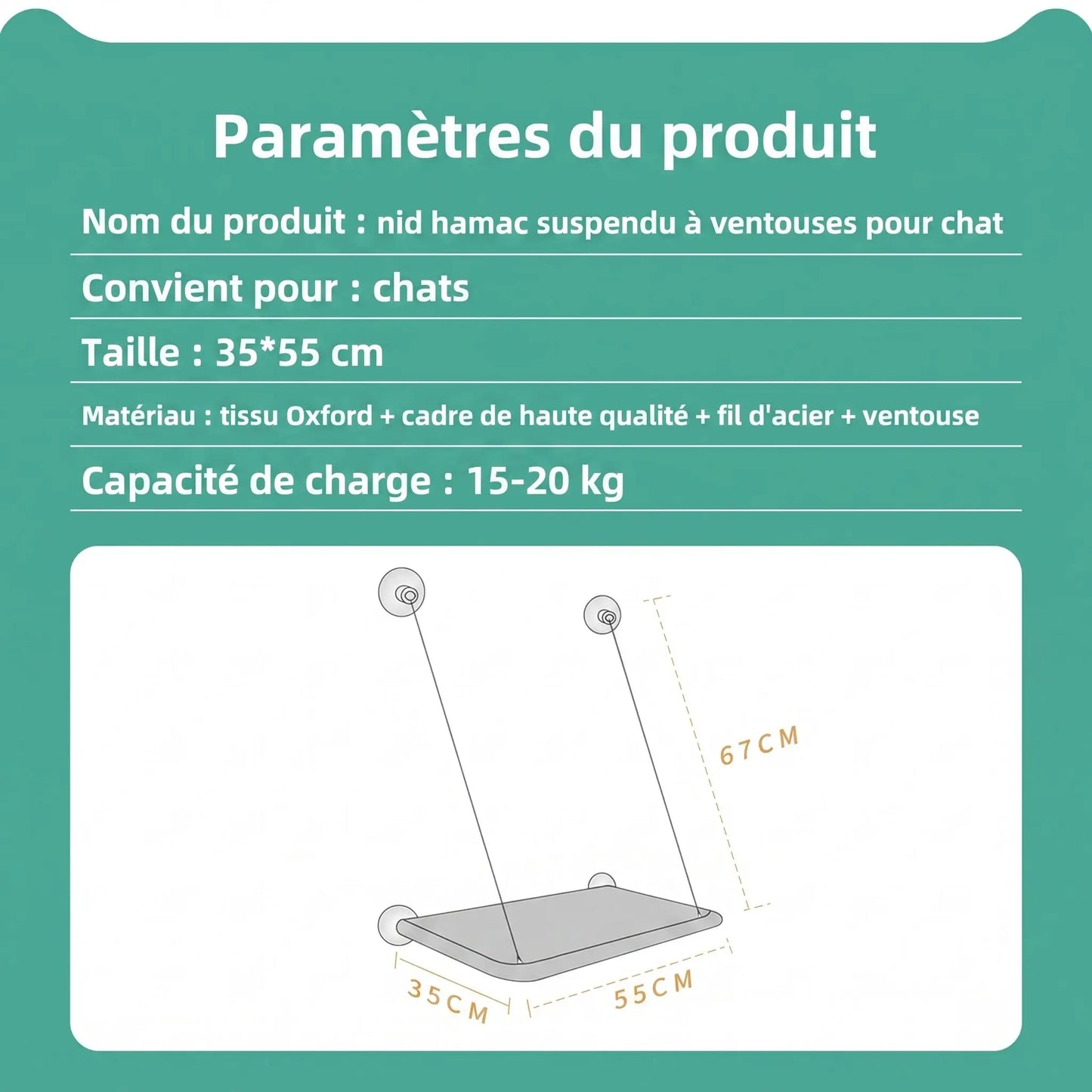 Paramètres et dimensions du hamac chat fenêtre à ventouses