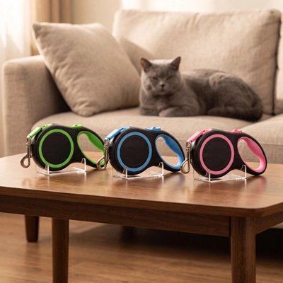 Trois laisses chat rétractables vert bleu et rose sur table basse avec chat british shorthair gris
