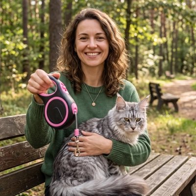 Femme souriante sur banc tenant une laisse chat rétractable rose avec son chat maine coon gris
