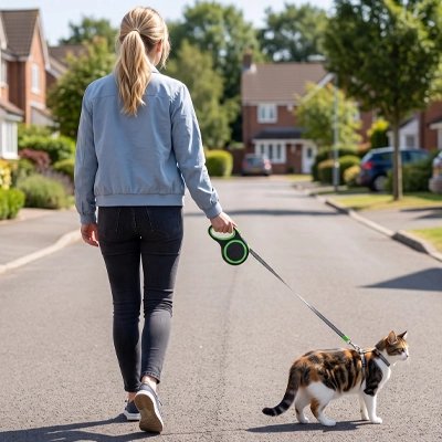 Femme promenant son chat tigré en laisse rétractable verte dans rue résidentielle ensoleillée