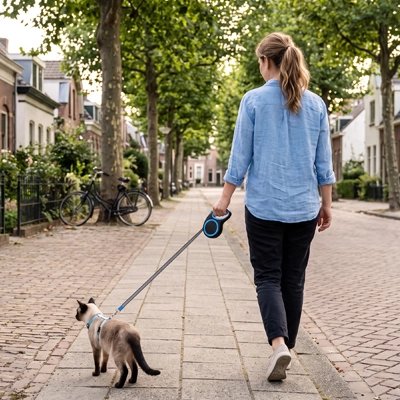 Femme de dos promenant son chat siamois en laisse rétractable bleue sur trottoir pavé